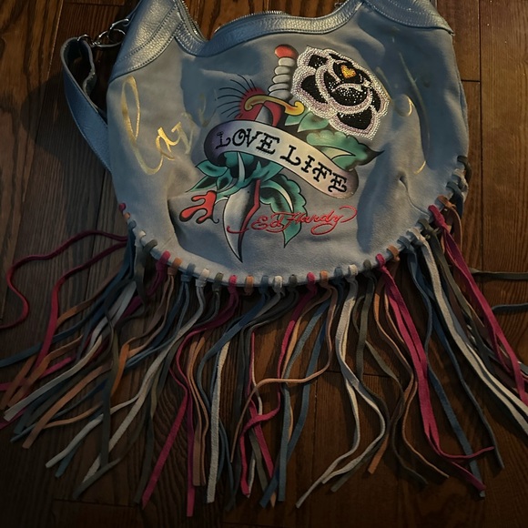 Ed Hardy Love Life Blue Shoulder Bag with Multicolor Fringe - Picture 3 of 11
